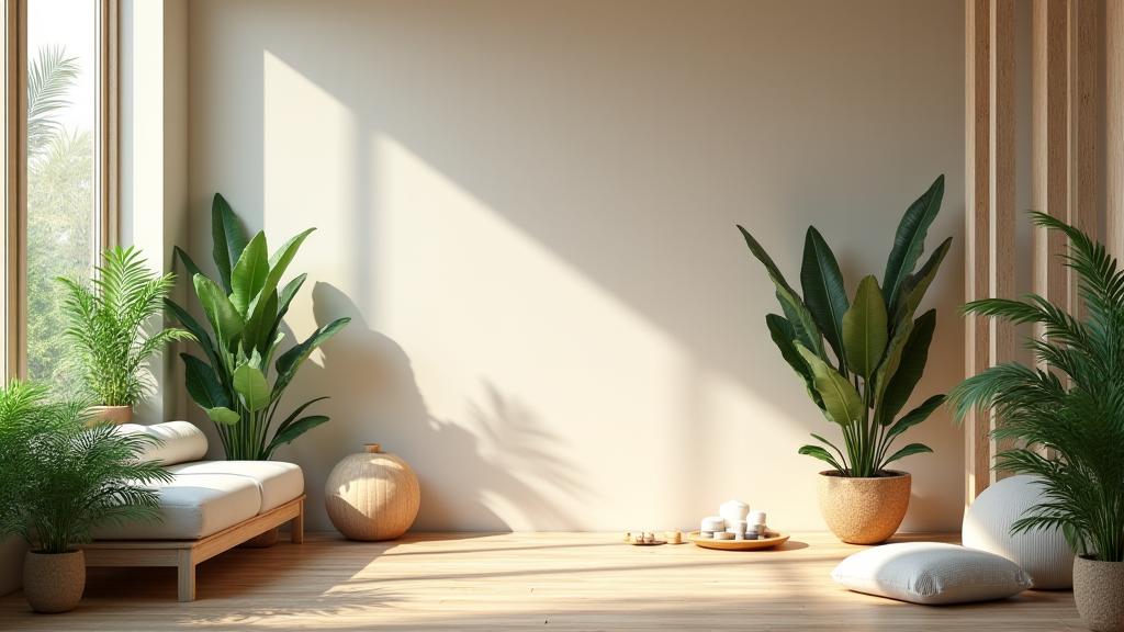 Espace de bien-être naturel avec plantes et équipements holistiques